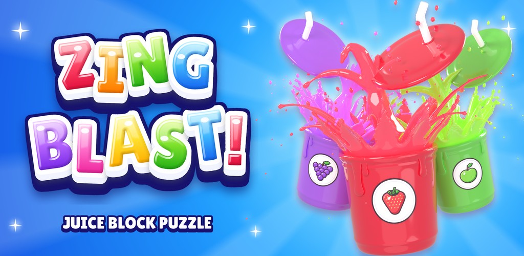 Zing Blast: Juice Block Puzzle — three juice cups splashing