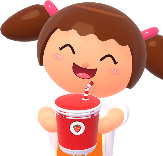 The cheerful juice stand girl holding a strawberry juice